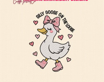 Silly Goose op het losse borduurontwerp, schattige gans met strik en laarzen, 4 x 4 hoepelontwerp, DST PES-bestand voor borduurmachine