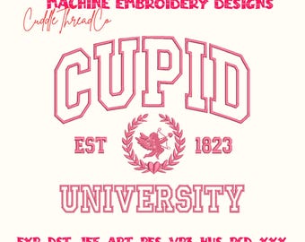 Diseño de bordado de Cupido Universitario, escudo de Cupido de San Valentín universitario, diseño de bastidor 4x4, archivo PES DST para máquina de bordar