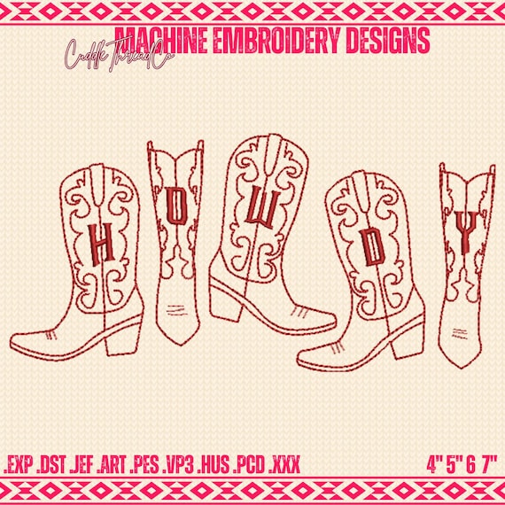 Howdy embroidery design, Cowboy Boots Machine embroidery files, 4x4 hoop design, DST PES file for embroidery machine