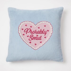 May include: A light blue square pillow with a pink heart-shaped patch embroidered with the words "Probably Smut" in a cursive font. The heart is surrounded by a white scalloped border and small red hearts.