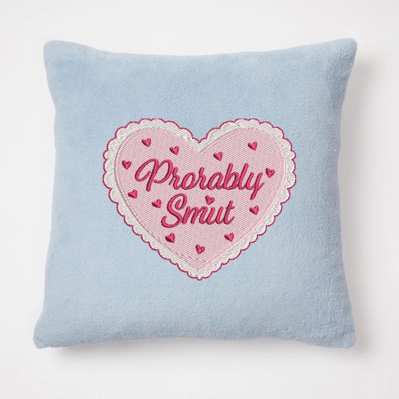 May include: A light blue square pillow with a pink heart-shaped patch embroidered with the words "Probably Smut" in a cursive font. The heart is surrounded by a white scalloped border and small red hearts.