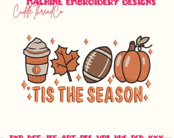Diseño de bordado de otoño "Tis The Season", bordado de calabaza de fútbol de café otoñal, diseño de bastidor 4x4, archivo PES DST para máquina de bordar