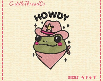 Cute Frog Embroidery Design, Howdy Western Frog Embroidery File, Pink Cowboy Hat Machine Embroidery, DST PES file for embroidery machine