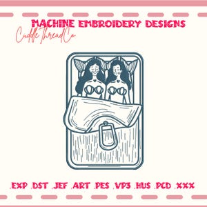 May include: Machine embroidery design featuring two mermaids in a bed, with the text "MACHINE EMBROIDERY DESIGNS" and "Cuddle Thread Co." in pink and red. The design includes file formats: EXP, DST, JEF, ART, PES, VP3, HUS, PCD, and XXX.