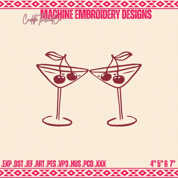 Cherries cocktails embroidery design, 4x4 hoop design, Mini embroidery, DST PES file for embroidery machine, gift for besties sister friends