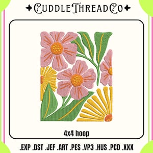 Könnte beinhalten: Gesticktes Blumendesign mit rosa und gelben Blüten und grünen Blättern. Das Design befindet sich in einem quadratischen Rahmen und enthält den Text "4x4 hoop" und Dateierweiterungen.