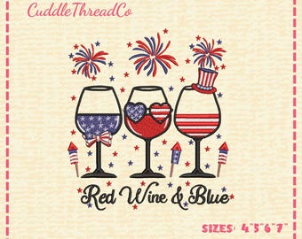 Diseño de bordado de vino tinto y azul, divertido archivo de bordado patriótico para amantes del vino, estilo americano del 4 de julio, archivo DST PES para máquina de bordar