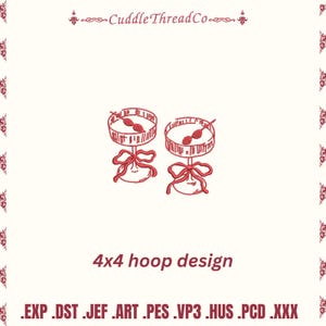 Pode incluir: Design bordado vermelho de duas taças com uma fita. O texto "Cuddle Thread Co." está no topo e "4x4 hoop design" na parte inferior. Os formatos de arquivo estão listados abaixo do texto.