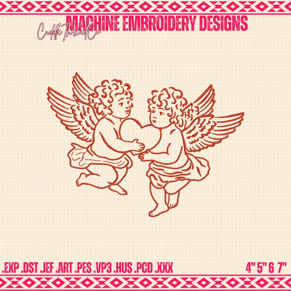 Puede incluir: Diseño de bordado a máquina con dos querubines sosteniendo un corazón. Los querubines están delineados en color marrón rojizo, con alas y cabello rizado. El diseño incluye el texto "MACHINE EMBROIDERY DESIGNS" y las dimensiones 10 cm, 13 cm, 15 cm, 18 cm.