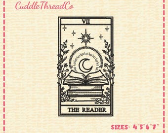 The Reader Tarot Embroidery Design, Book Lover Emb File, Dark Academia Reader Pattern, 4x4 hoop design, DST PES file for embroidery machine