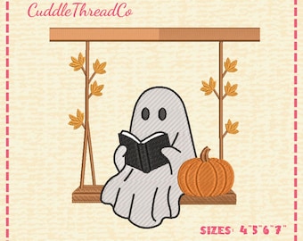 Reading Ghost Embroidery Design, Halloween Book Lover Machine Embroidery, Ghost on Pumpkin Embroidery, DST PES file for embroidery machine