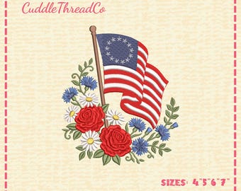 Diseño de bordado de bandera patriótica floral, bandera estadounidense de Betsy Ross con flores, estilo americano del 4 de julio, archivo DST PES para máquina de bordar