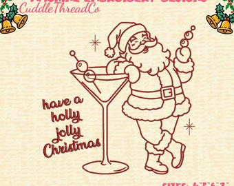 Op de afbeelding: Een machineborduurontwerp met een rode omtrek van de Kerstman die tegen een groot martiniglas met olijven leunt. De tekst luidt MACHINE EMBROIDERY DESIGNS, CuddleThreadCo en have a holly jolly Christmas. Inclusief de maten 4, 5, 6, 7 inch.