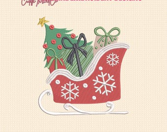 Diseños de bordado de trineo navideño con regalos, archivos de bordado a máquina navideños, archivos digitales, descarga instantánea