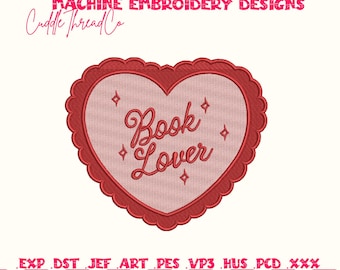 Diseño de bordado de corazón para amantes de los libros, archivos de bordado para máquina de lectura, lindo San Valentín, diseño de bastidor 4x4, archivo DST PES para máquina de bordar