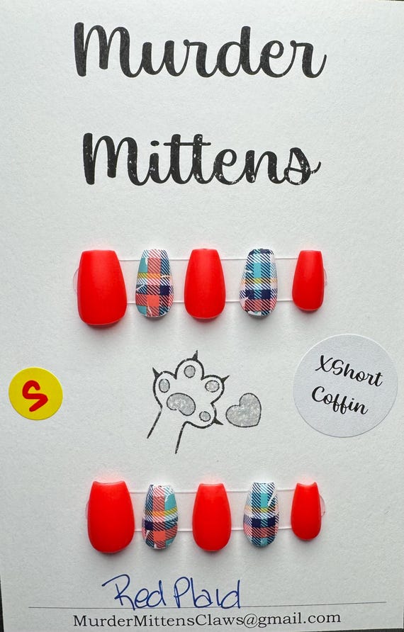 Red Plaid; press-on nails