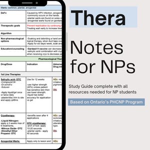 May include: A smartphone displays a study guide titled "Thera Notes for NPs." The guide, based on Ontario's PHCNP Program, provides resources for NP students. The screen shows medical information about warts.