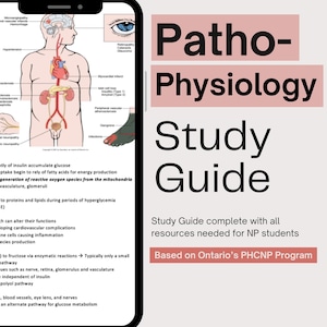 Peut inclure: Un guide d'étude pour les infirmières praticiennes (IP) en Ontario, Canada. Le guide est basé sur le programme PHCNP et comprend un diagramme du corps humain avec divers systèmes mis en évidence. Le texte sur le guide dit "Patho-Physiologie Guide d'étude" et "Guide d'étude complet avec toutes les ressources nécessaires aux étudiants en IP".