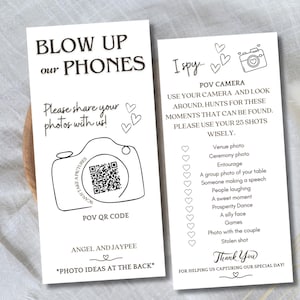 May include: Two white cards with black text and line art. One card says "Blow Up Our Phones" and includes a QR code and a camera graphic. The other card says "I Spy" and lists photo prompts.