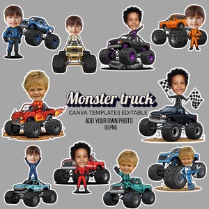 May include: A set of 10 PNG images showcasing monster trucks with cartoon children's faces. The trucks are in various colours, including blue, orange, red, black, and green. The text "Monster truck" is displayed in a stylized font.