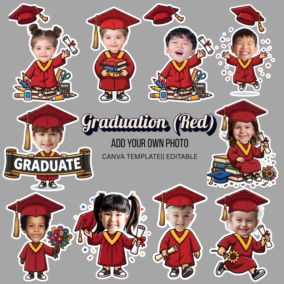 Custom Graduation Clipart, Editable Canva Template, Add Photo Pngs, RED ...
