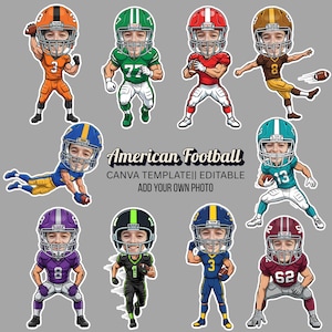 May include: A collection of cartoon-style American football player stickers in various uniforms. The image includes players in orange, green, red, brown, blue, purple, black, and maroon. Text reads "American Football, Canva Template, Editable, Add Your Own Photo."