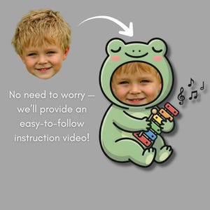 May include: A cartoon illustration of a child's face inside a green frog costume, holding a colorful xylophone. Musical notes float nearby. Text reads, "No need to worry - we'll provide an easy-to-follow instruction video!"