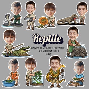 May include: A set of cartoon stickers showing a child interacting with different reptiles, such as a snake, crocodile, and lizard. The word "Reptile" is displayed in a stylized font, with text below indicating the template is editable.