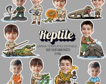 May include: A collection of cartoon stickers featuring a child with various reptiles, including a snake, crocodile, and lizard. The word "Reptile" is displayed in a stylized font, with text below indicating the template is editable.