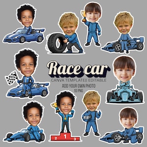 May include: A set of cartoon graphics with a race car theme. The images feature children's faces on race car drivers, race cars, tyres, and a podium. Text reads "Race car" and "Add your own photo".