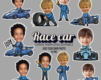 Foto personalizada de coche de carreras / Coche de carreras azul / Agrega tu propia cara / Manualidad DIY