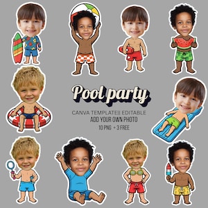 Könnte beinhalten: Eine Sammlung von Cartoon-Illustrationen von Kindern in Badebekleidung und Sommeraccessoires. Der Satz "Pool party" wird in einer stilisierten Schriftart angezeigt. Der Text "CANVA TEMPLATEII EDITABLE ADD YOUR OWN PHOTO 10 PNG + 3 FREE" ist ebenfalls enthalten.