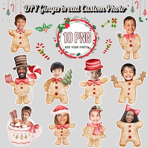 Puede incluir: Una colección de recortes de hombre de jengibre con fotos personalizadas, varios accesorios festivos y bastones de caramelo. La imagen incluye el texto "DIY Gingerbread Custom Photo" y "10 PNG ADD YOUR PHOTO".