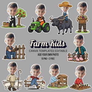 Op de afbeelding: Een verzameling cartoonstickers met een kind in verschillende boerderijscènes. De stickers tonen een kind dat appels plukt, een tractor bestuurt, op een waterbuffel rijdt en dieren verzorgt. De tekst "Farm Kids" is inbegrepen.