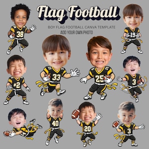 May include: A digital illustration featuring multiple cartoon children in football uniforms. The uniforms are black and yellow, with various jersey numbers. The text "Flag Football" is at the top, with "BOY FLAG FOOTBALL CANVA TEMPLATE" and "ADD YOUR OWN PHOTO" below.