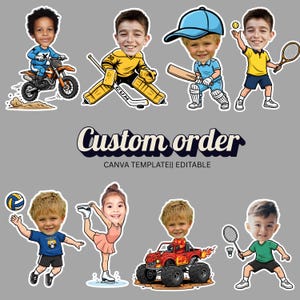 Könnte beinhalten: Eine Sammlung von Cartoon-Aufklebern mit Kindern, die verschiedene Sportarten und Aktivitäten ausüben. Die Aufkleber zeigen einen Motocross-Fahrer, einen Hockey-Torwart, einen Cricketspieler, einen Tennisspieler, einen Volleyballspieler, eine Eiskunstläuferin, einen Monster-Truck-Fahrer und einen Badmintonspieler. Der Text "Custom order" ist ebenfalls vorhanden.