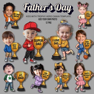 May include: A digital graphic for Father's Day featuring cartoon children holding golden trophies. Each trophy has a different message, such as "Best Dad Ever" and "Super Dad." The image includes the text "Father's Day" at the top.