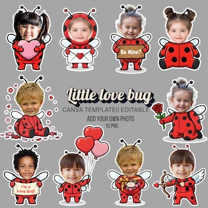 May include: A collection of ten PNG images featuring children's faces in ladybug costumes. Each ladybug has a different prop, including a heart, an envelope, a sign that says "Be Mine?", and balloons. The text "Little love bug" is also present.