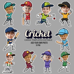 May include: A collection of ten PNG images featuring cartoon illustrations of children playing cricket. Each child is wearing a cricket uniform and cap, with various poses including batting, bowling, and fielding. The word "Cricket" is displayed in a stylized font.