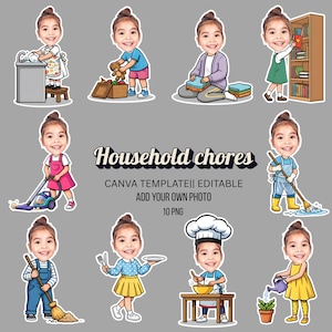 May include: A digital illustration featuring a child performing various household chores. The image includes text that reads "Household chores" and "CANVA TEMPLATE|| EDITABLE ADD YOUR OWN PHOTO 10 PNG". The child is depicted washing dishes, vacuuming, and cooking.