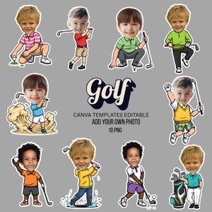 Può includere: Una collezione di illustrazioni di cartoni animati di bambini che giocano a golf. Ogni bambino è raffigurato in varie pose di golf, indossando abiti diversi. La parola "Golf" è visualizzata in un carattere stilizzato, insieme al testo che indica modelli modificabili.