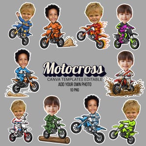 Puede incluir: Una colección de diez pegatinas PNG con caras de niños superpuestas a pilotos de motocross de dibujos animados. Las pegatinas son de varios colores, con la palabra "Motocross" y el texto "CANVA TEMPLATE|| EDITABLE ADD YOUR OWN PHOTO 10 PNG".