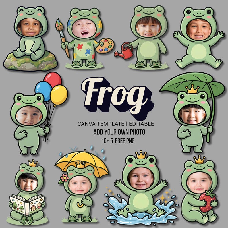 May include: A collection of cartoon frog costumes with children's faces, each in a different pose and holding various props. The word "Frog" is displayed in large, stylized text. Text below reads "CANVA TEMPLATE|| EDITABLE ADD YOUR OWN PHOTO 10+ 5 FREE PNG".