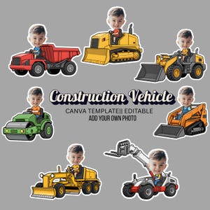 Può includere: Una collezione di veicoli da cantiere a fumetti, tra cui un autocarro con cassone ribaltabile rosso, un bulldozer giallo e una pala caricatrice compatta arancione. Ogni veicolo ha il volto di un bambino sovrapposto al sedile del conducente. Il testo "Construction Vehicle" è presente.