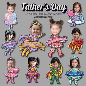 May include: A digital Father's Day template featuring illustrations of children dressed as superheroes. Each design includes text such as "My Sweet Dad," "Dad Rocks!," and "I Love You Dad!" The template is designed for users to add their own photos.