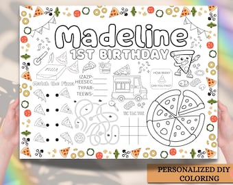 Editable Pizza Party Coloring Placemat: Birthday Activity (Printable)