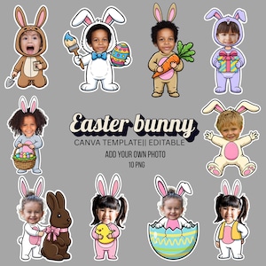 以下が含まれることがあります： イースターバニーをテーマにした10個のPNGグラフィックのコレクション。各グラフィックは、子供の顔が漫画のウサギのコスチュームに重ねられています。「Easter bunny」というテキストが装飾的なフォントで表示され、写真を追加するための指示が記載されています。