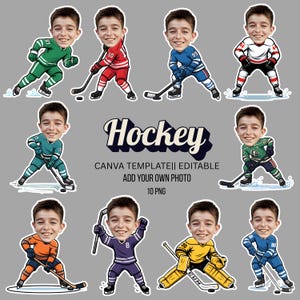 Puede incluir: Una colección de ilustraciones de dibujos animados de jugadores de hockey en varios colores de equipo, incluyendo verde, rojo, azul y naranja. La palabra "Hockey" se muestra en una fuente estilizada, junto con texto que indica que la plantilla es editable.