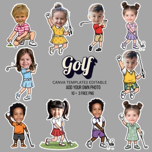 Puede incluir: Una colección de ilustraciones de dibujos animados de niños jugando al golf. Los niños visten ropa de golf y sostienen palos de golf. La palabra "Golf" está en una fuente estilizada. El texto de la imagen dice "CANVA TEMPLATEII EDITABLE ADD YOUR OWN PHOTO 10 + 3 FREE PNG".
