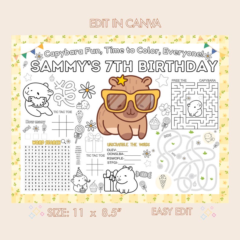 Personalized Capybara Coloring Activity Page for Birthday Party Favors ...